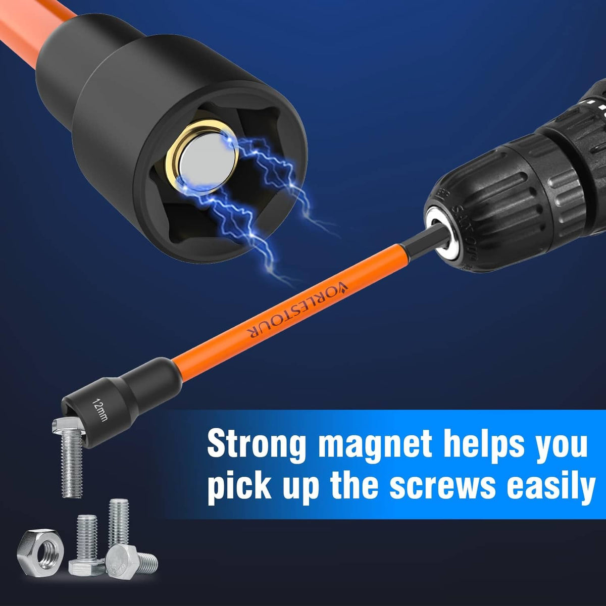 Magnetic long nut driver with socket tip and orange shaft for easy screw pickup