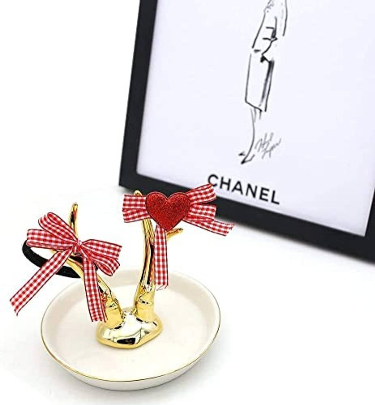 Red and white gingham ribbon bows with heart accent, thin ribbon for gift decor