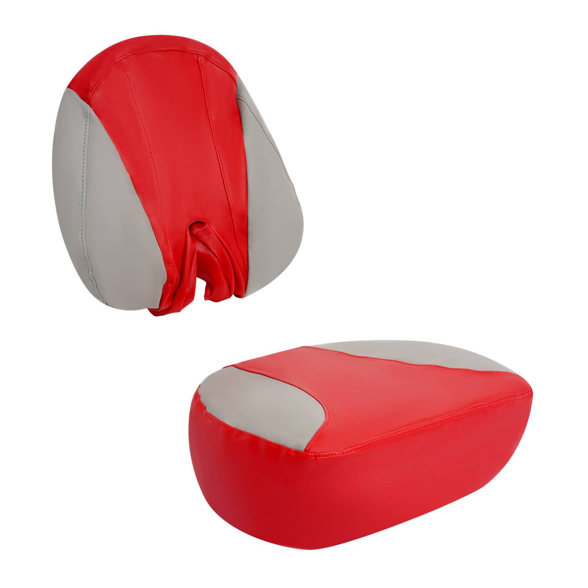 Red and gray seat cover set with molded headrest and curved bench pad