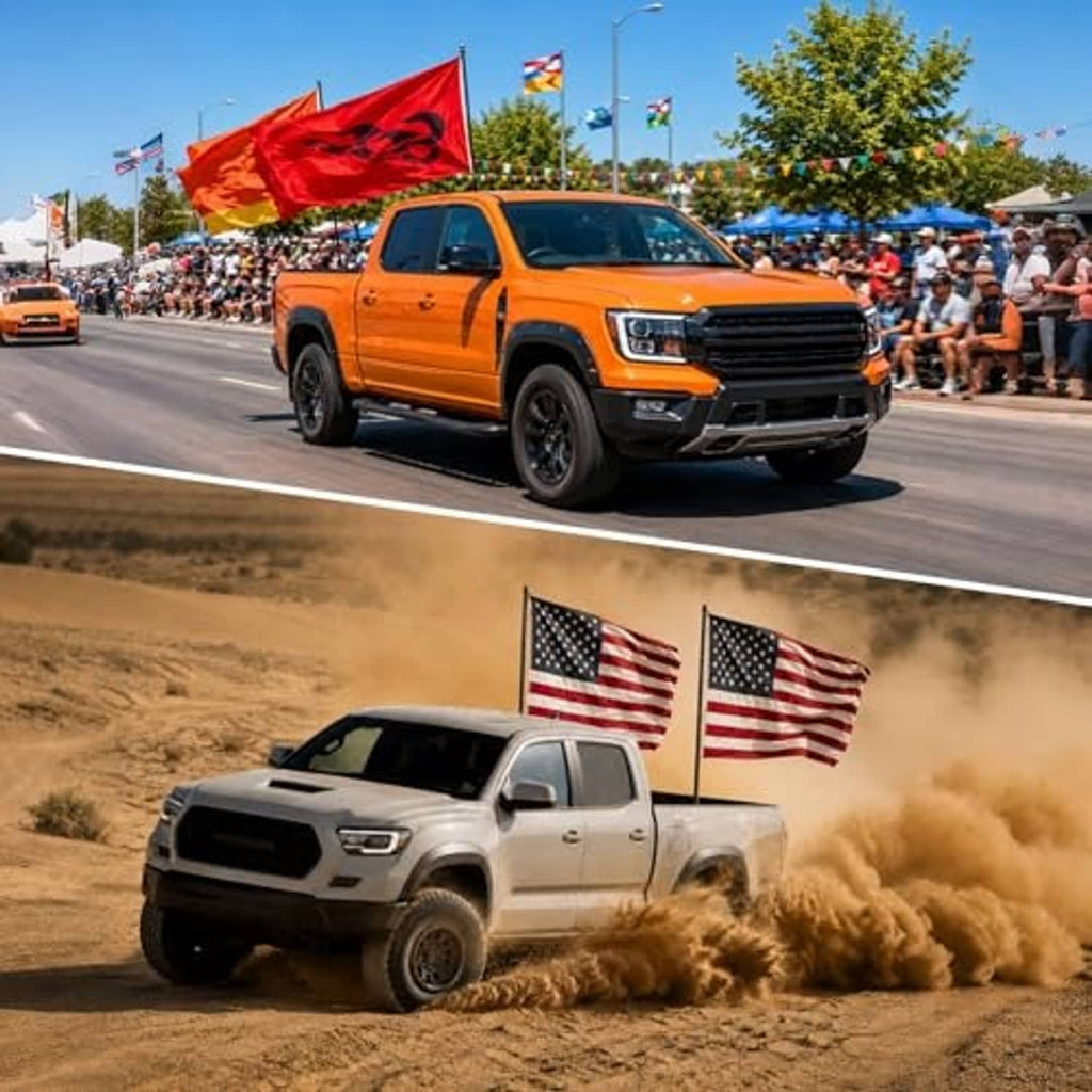 Flag pole mount on pickup truck bed with American flags during off-road drive