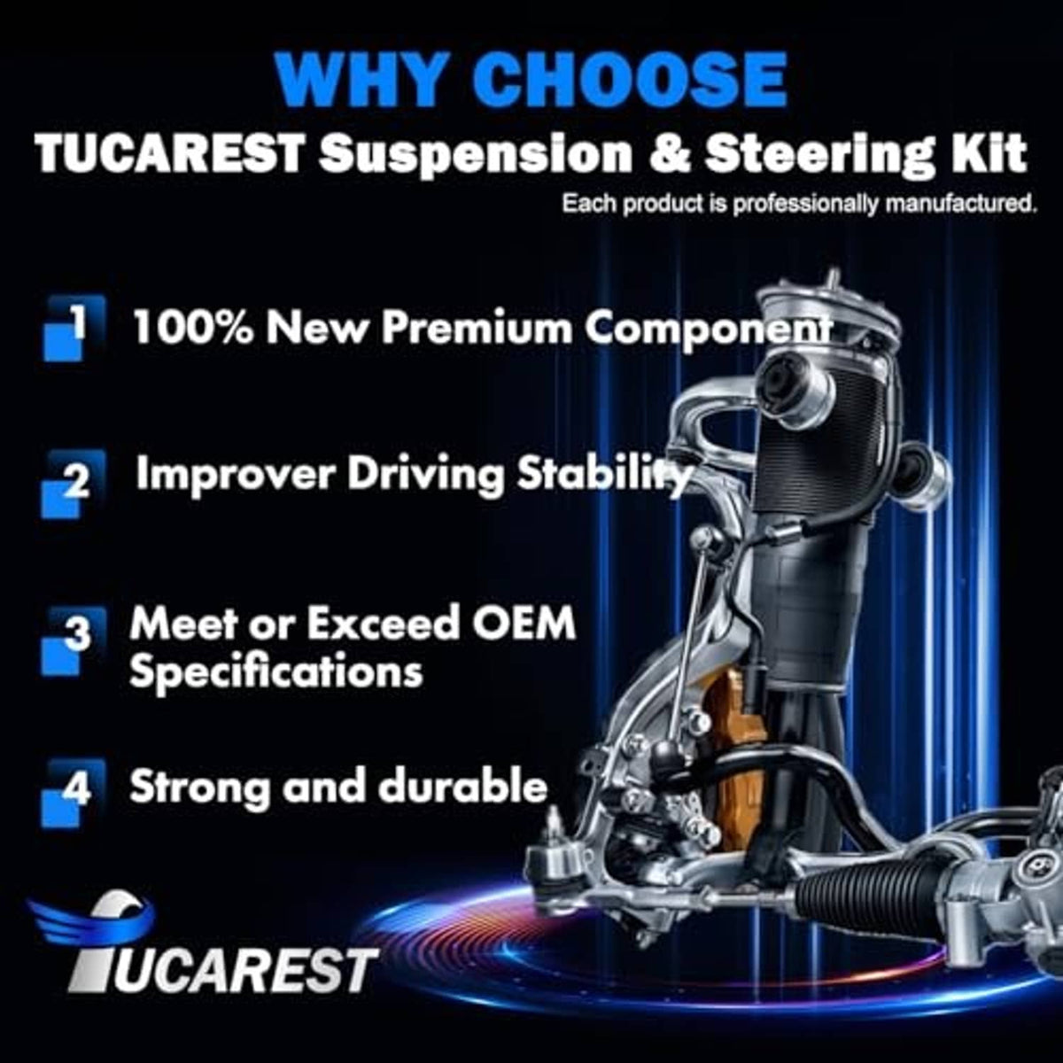 Suspension and steering kit promotion graphic with bullet features and vehicle parts