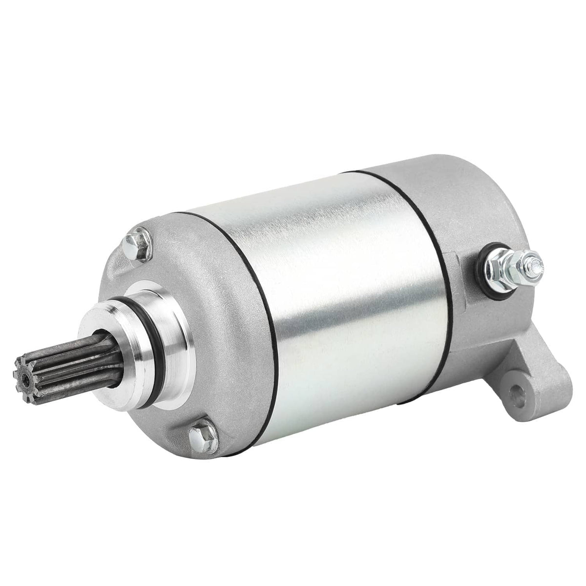 Silver ATV starter motor with front drive shaft and side mounting tabs