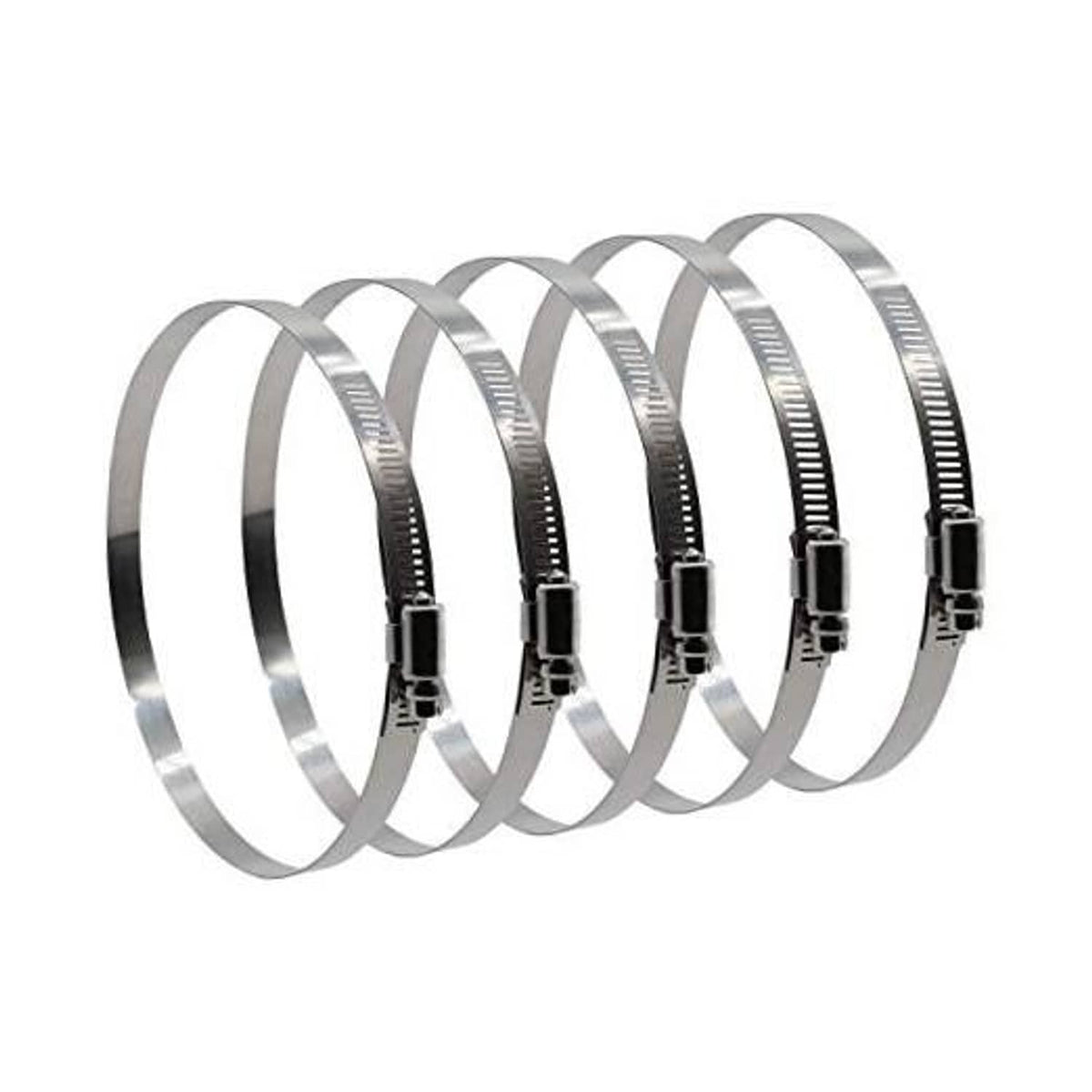 Set of stainless steel worm-drive hose clamps with black screw housing
