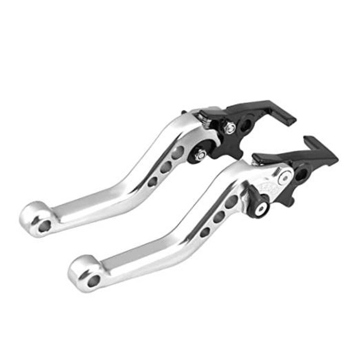Pair of silver CNC motorcycle levers with black handles and pivot hardware