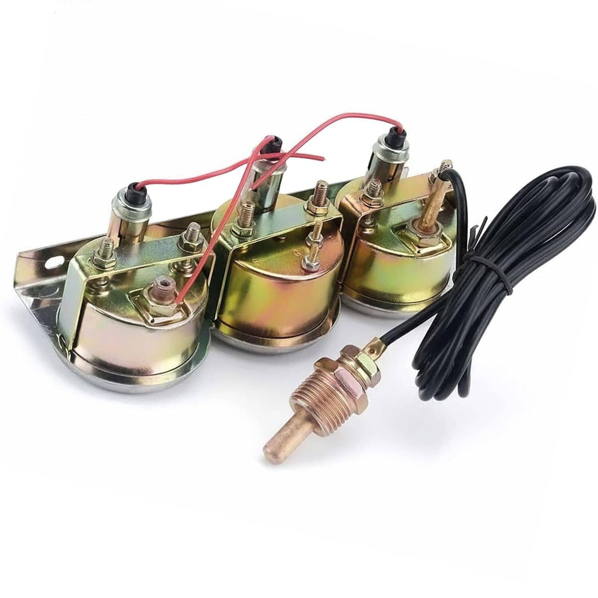 Triple car gauge sensors and mounting plates with black wiring harness and brass fittings