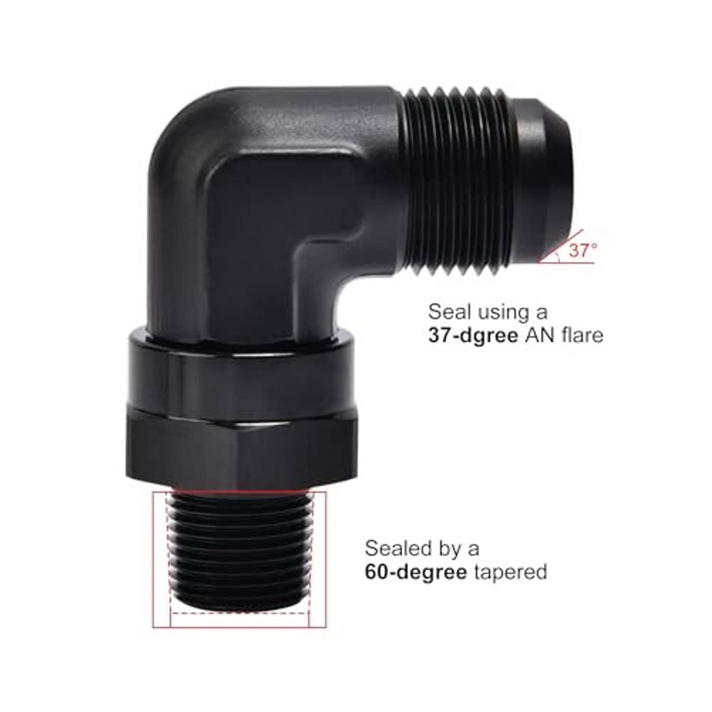 Black 90-degree swivel AN flare to 3/8 in NPT male adapter fitting, sealed threads