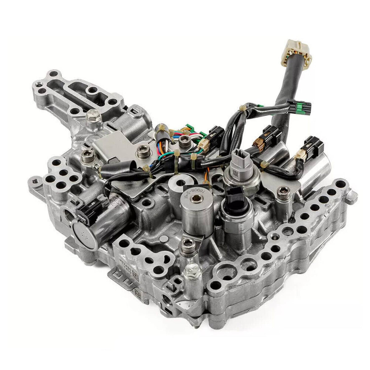 CVT transmission control valve body with solenoids and wiring harness, angled view of metal housing.