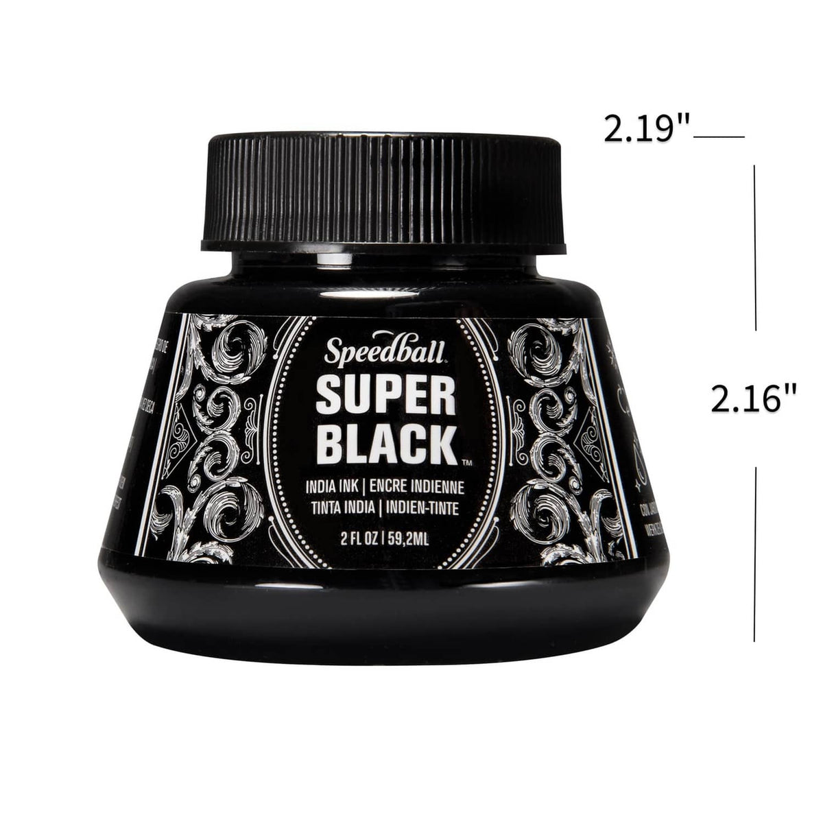 Black India ink bottle with ribbed cap and height size markings