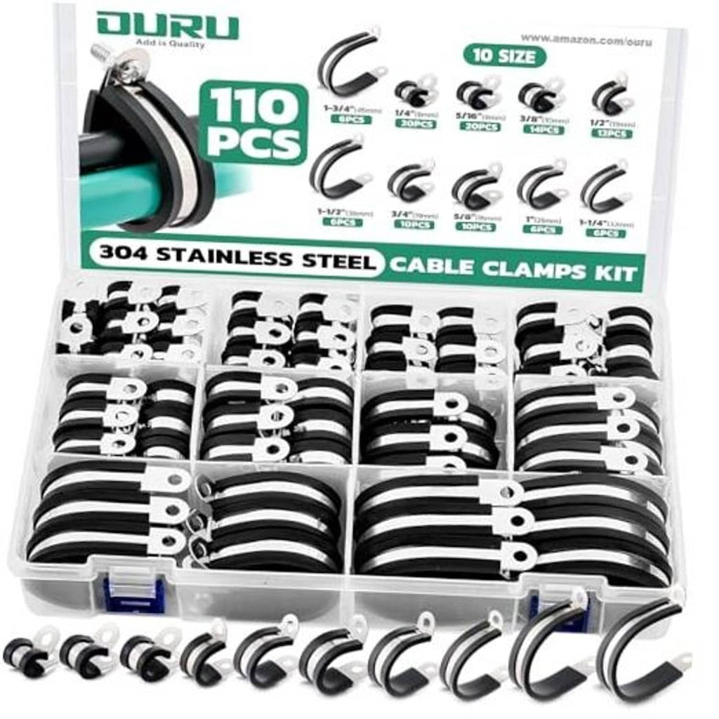 Cable clamp assortment kit with 110 stainless steel clamps, black rubber-lined rings in box
