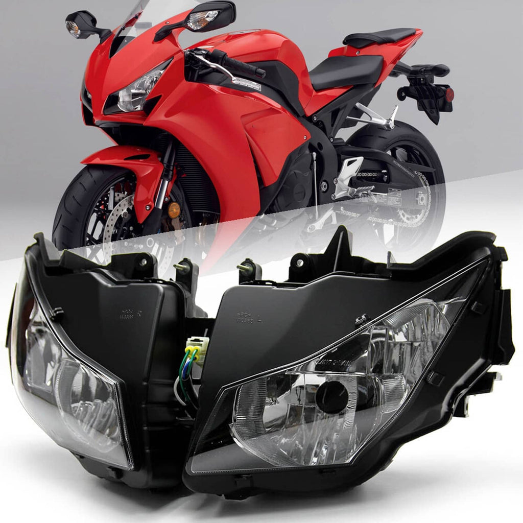 Front motorcycle headlight assembly with black housings and clear lens lamps