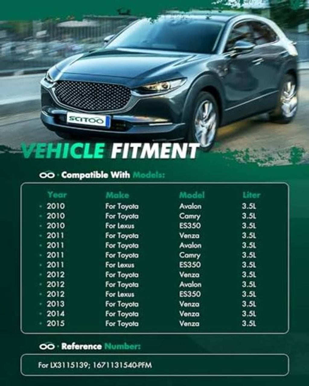 Dark blue sedan front view with grille and headlights on fitment list graphic