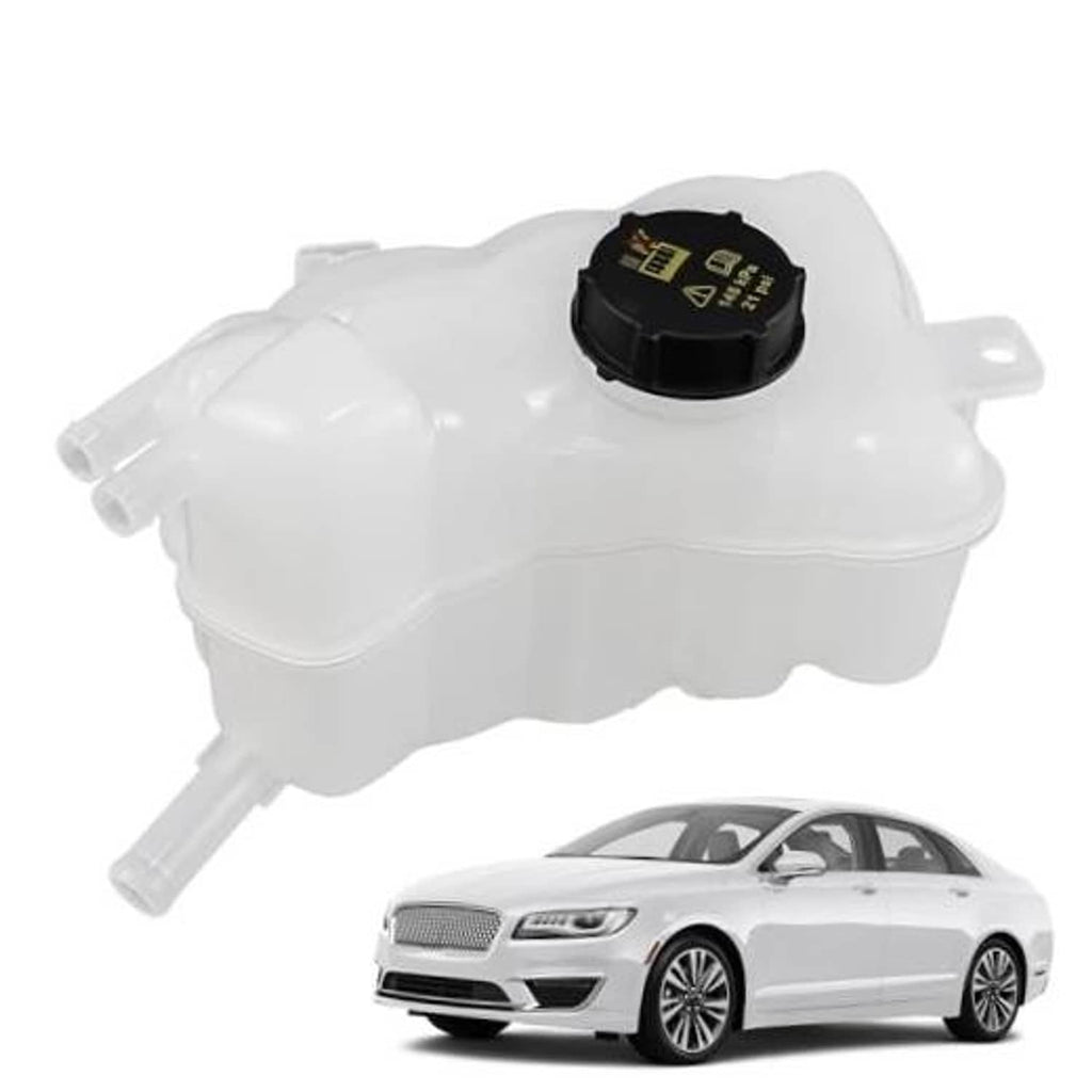 White engine coolant overflow reservoir tank with black screw cap
