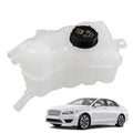 White engine coolant overflow reservoir tank with black screw cap