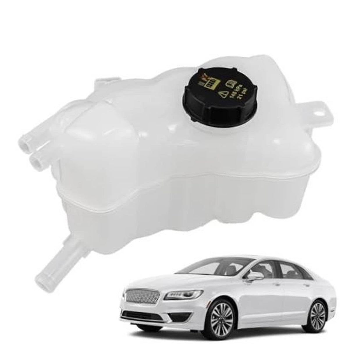 White engine coolant overflow reservoir tank with black screw cap