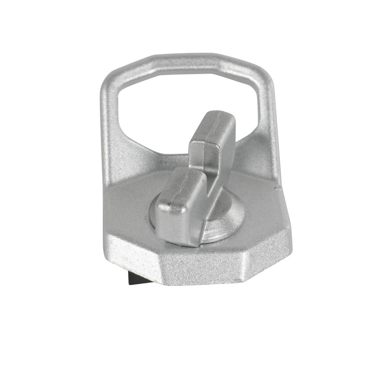 Silver metal D-ring anchor with locking lever and latch catch detail