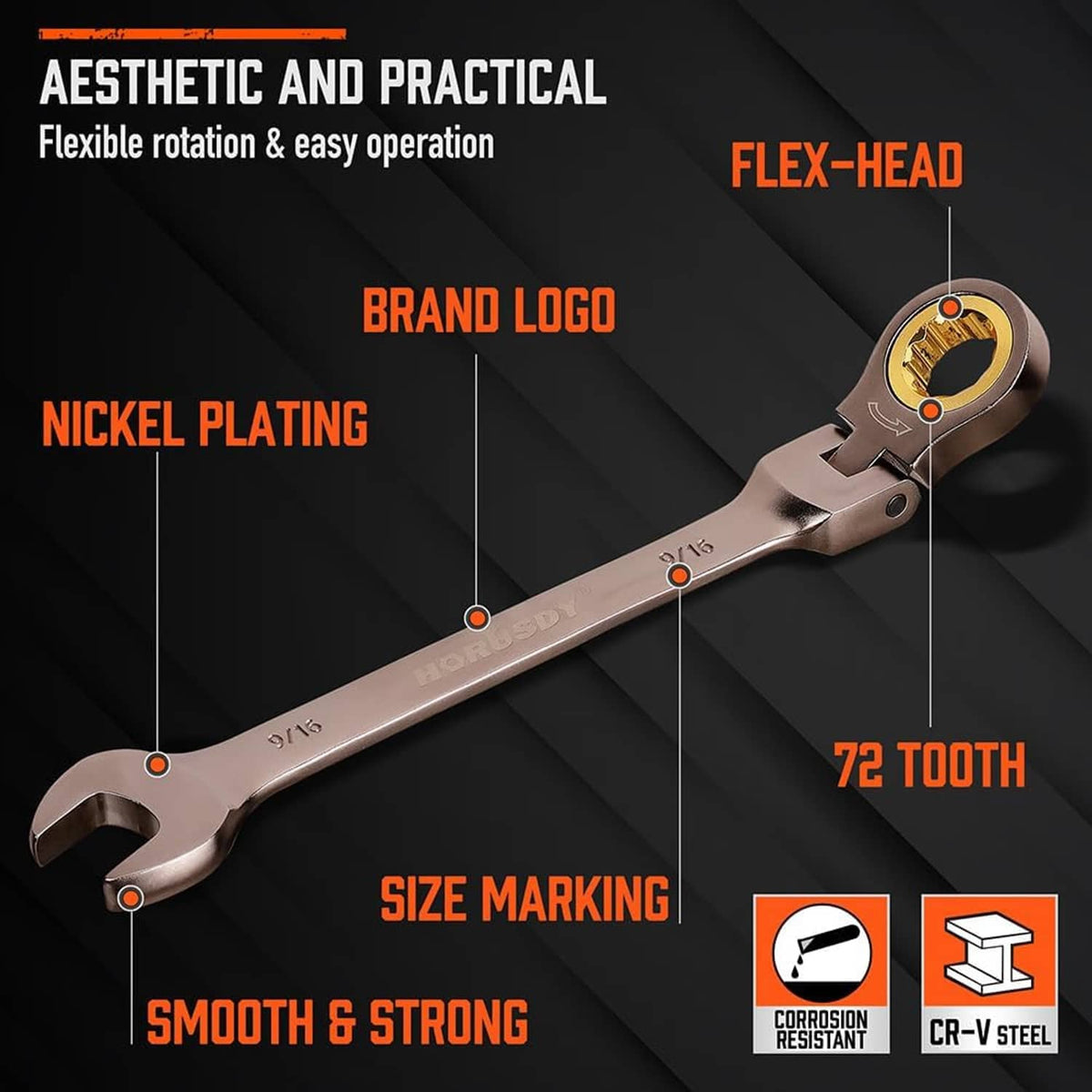 Flex-head ratcheting wrench with 72-tooth drive, silver handle with size markings