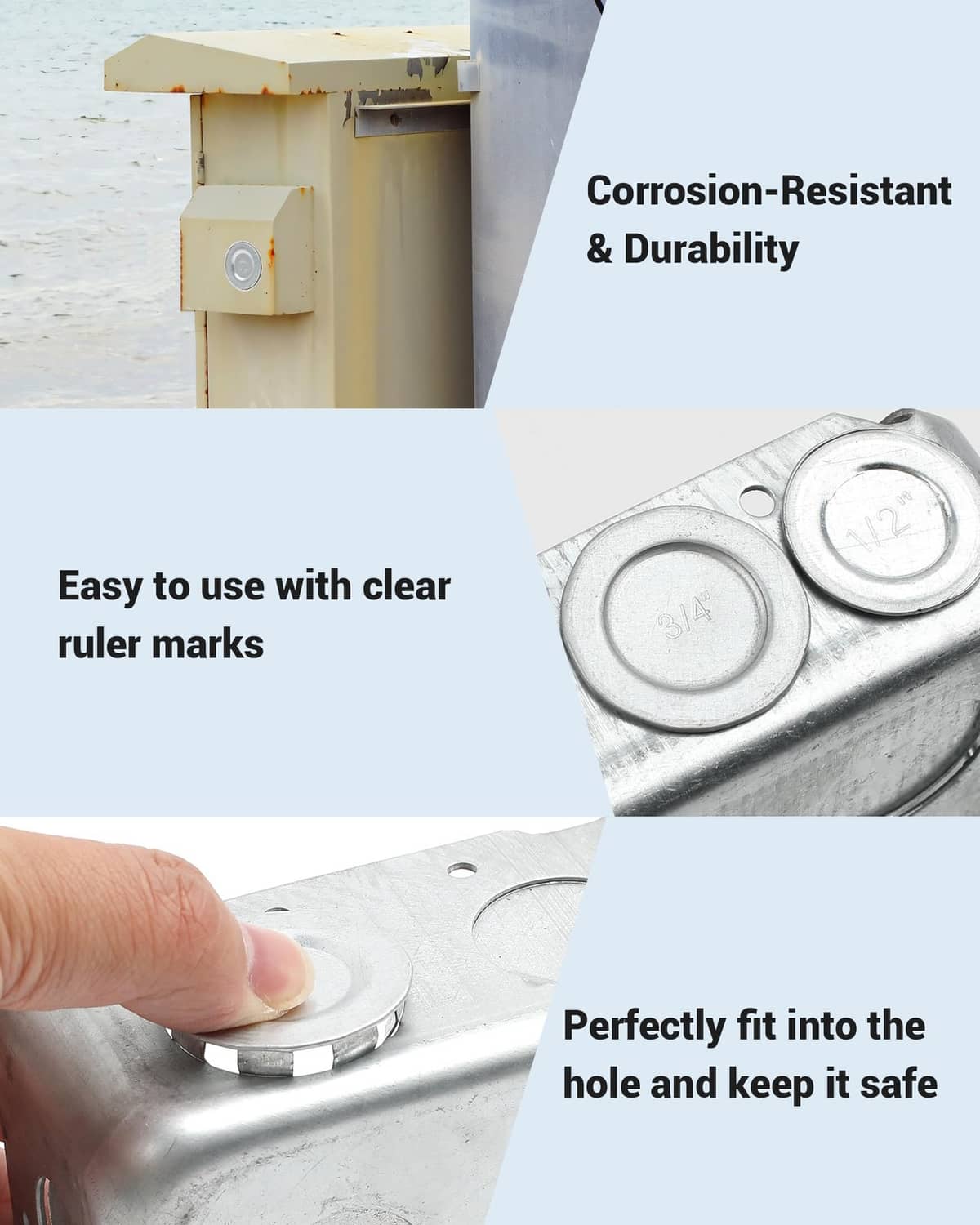 Hand installing a silver 1/2-inch electrical box knockout seal plug into a metal box