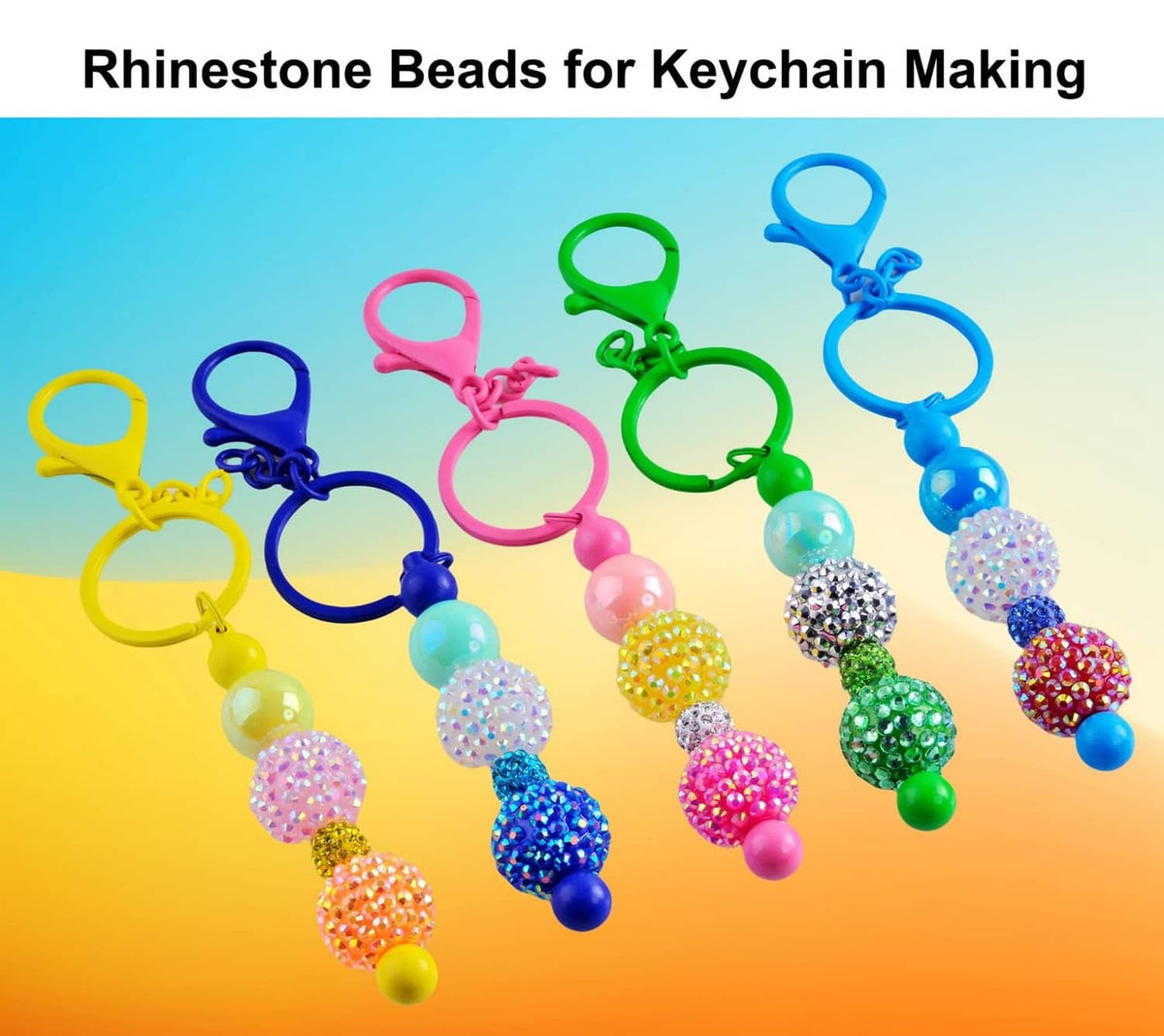 Rhinestone beaded keychain charms with round sparkle balls and colorful loop handles