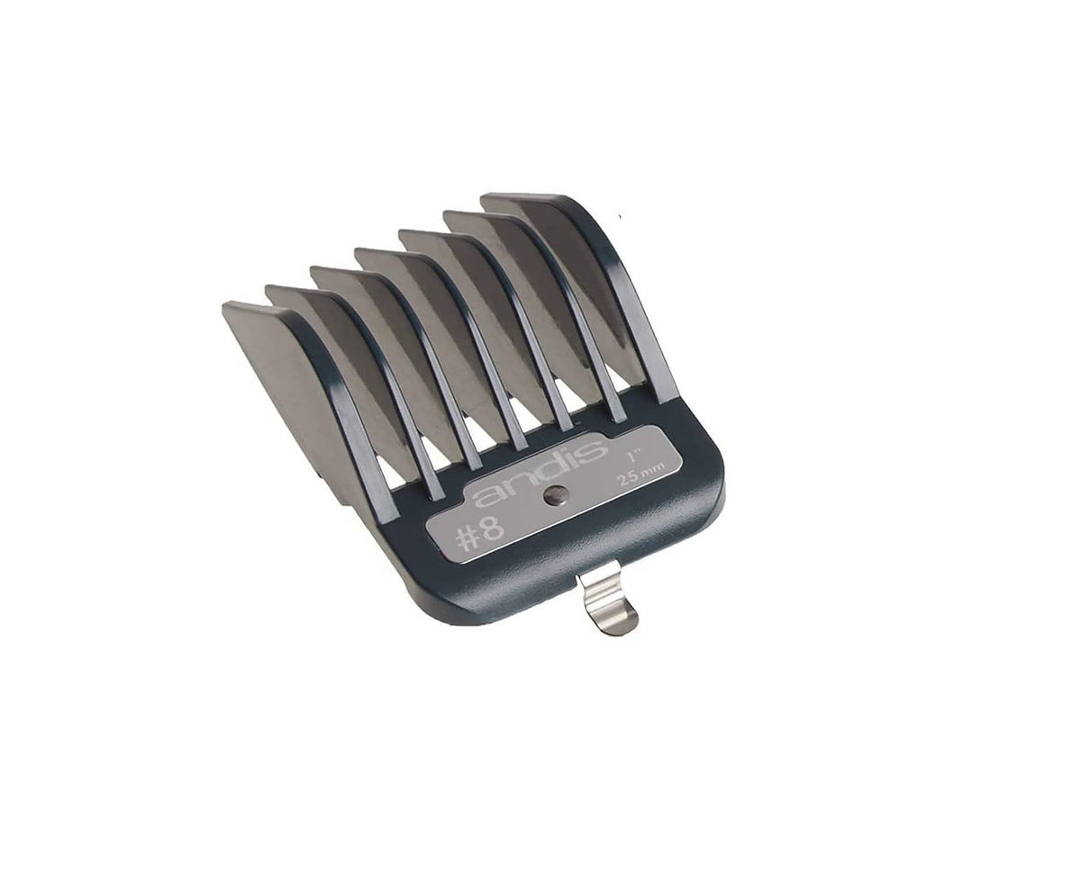 Hair clipper attachment comb guard with dark body, metal teeth, and size marking