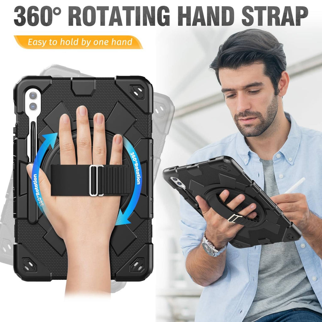 Rugged black tablet case with 360° rotating hand strap for one-hand hold