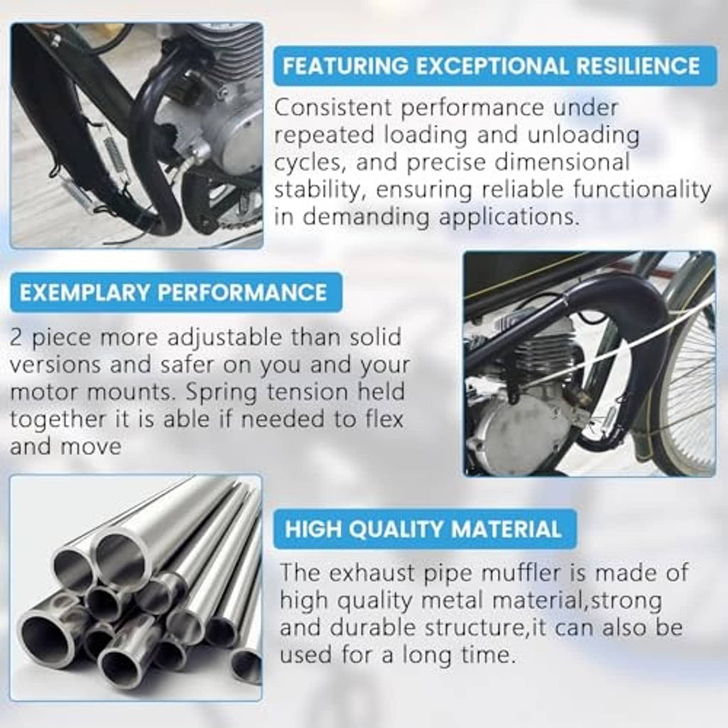 Black exhaust expansion chamber muffler pipe mounted on a small motorcycle frame