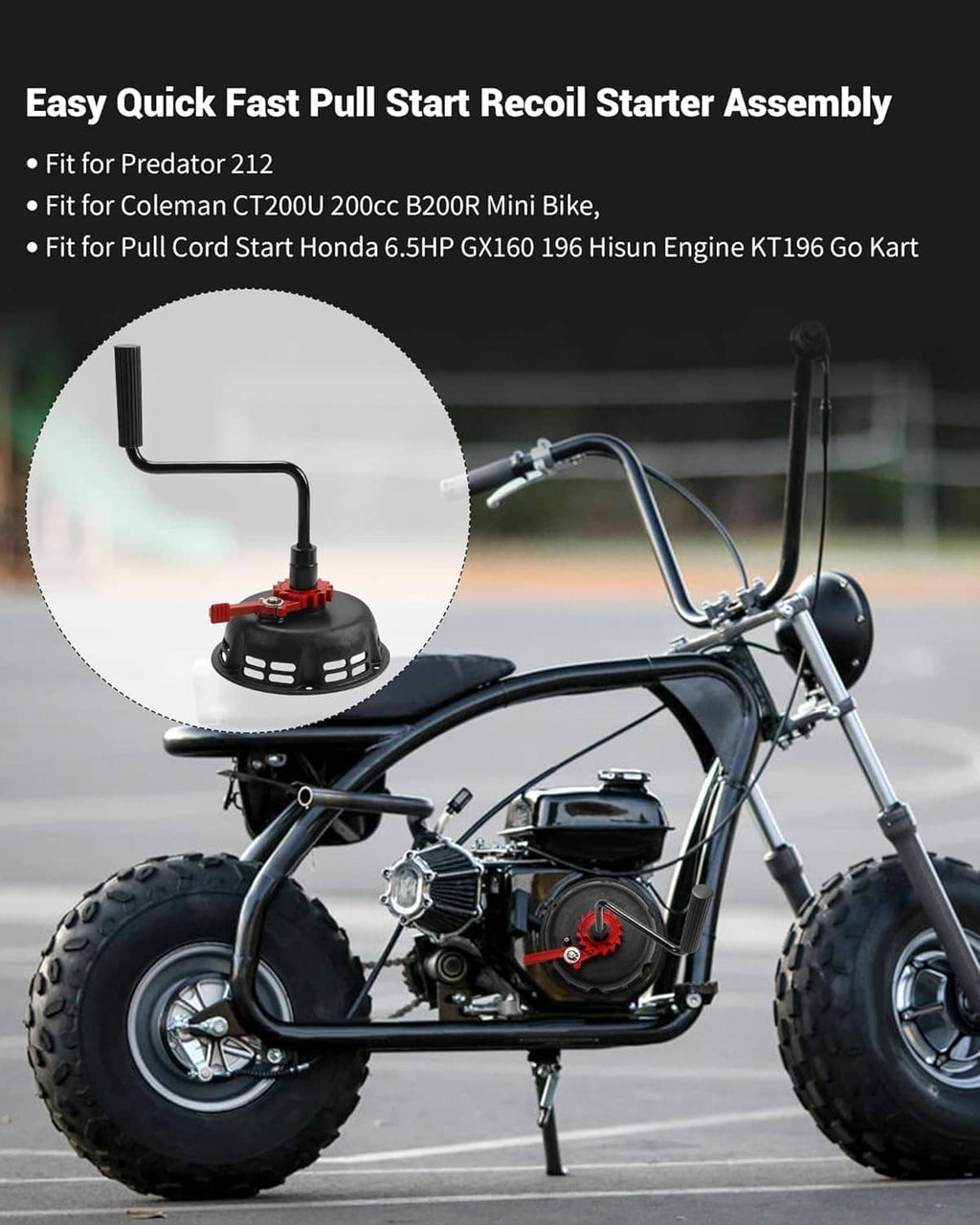 Recoil starter assembly with black housing, red recoil cover, and curved crank handle