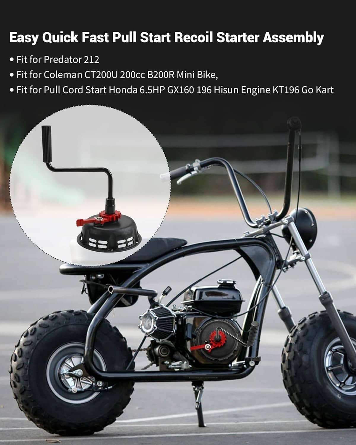 Recoil starter assembly with black housing, red recoil cover, and curved crank handle