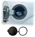 Fuel tank filler opening with tethered black capless gas cap cover and ring