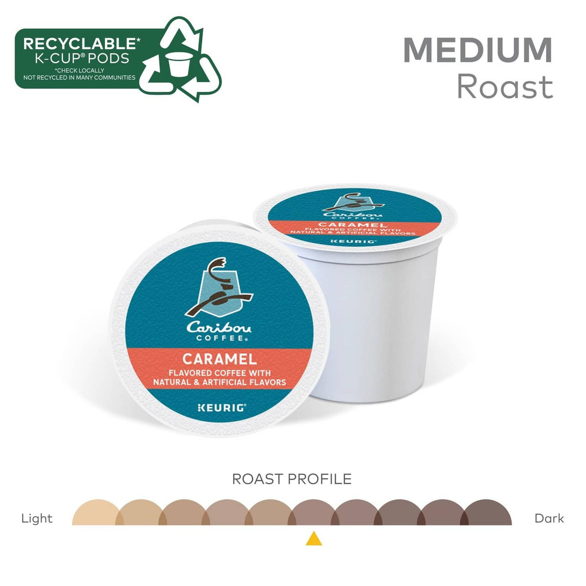 Caramel flavored coffee K-Cup pods, medium roast, in white plastic cups
