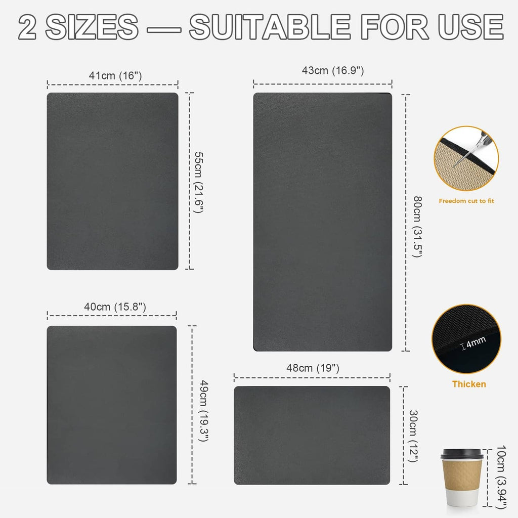 Deep gray dish mat size chart with two rectangles and thickness details