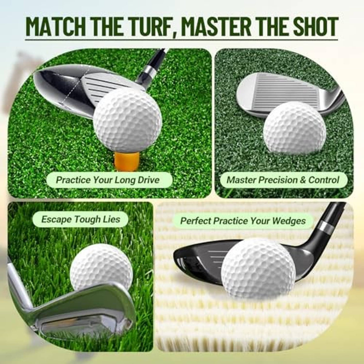 Golf hitting mat with green turf, a golf ball, and an iron on top