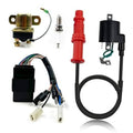 Ignition relay wiring harness kit with black module, red insulator, and coil connectors