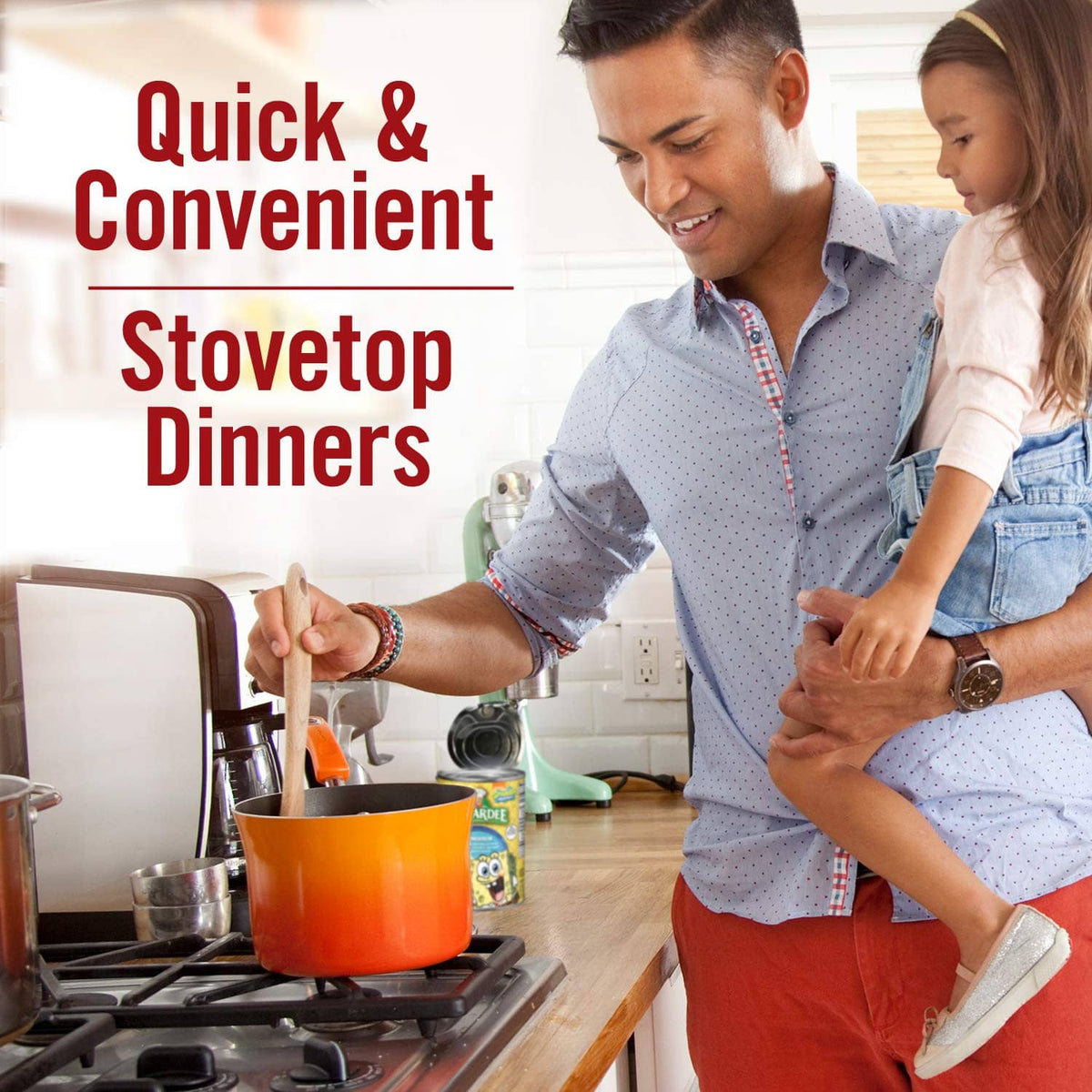 Family stovetop dinner preparation scene featuring convenient heating for ravioli