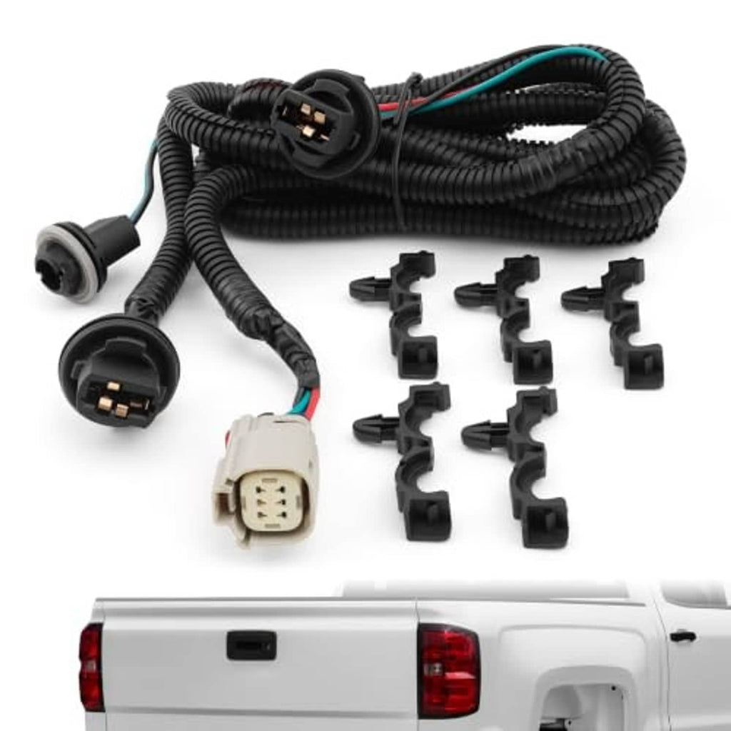 Tail light wiring harness set with black corrugated loom, beige connector, and multiple bracket clips