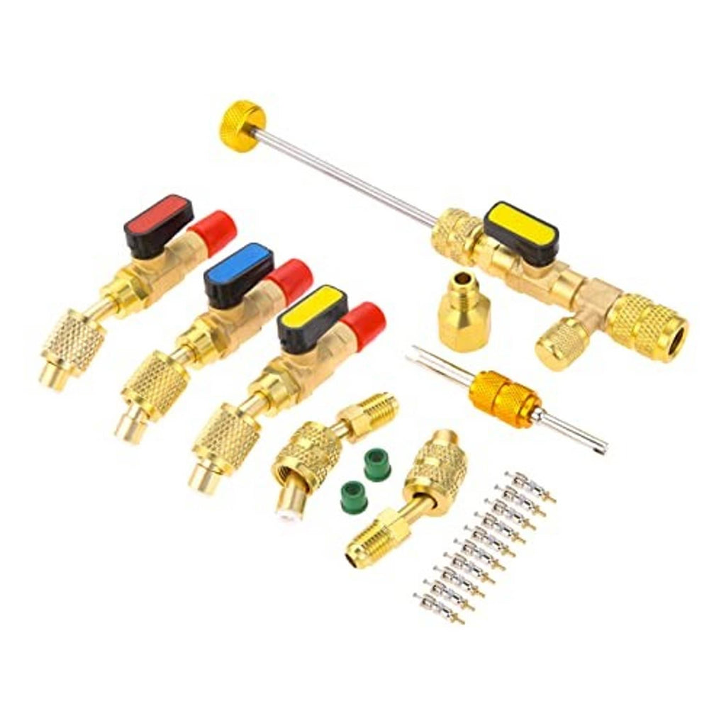Brass HVAC refrigerant valve adapter kit with angled couplers, valve core tools, and caps