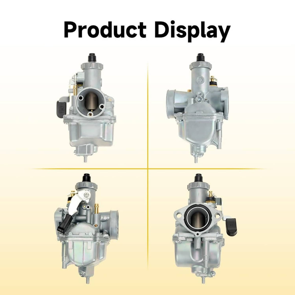VM22 26mm carburetor shown from multiple angles with black air intake inlet