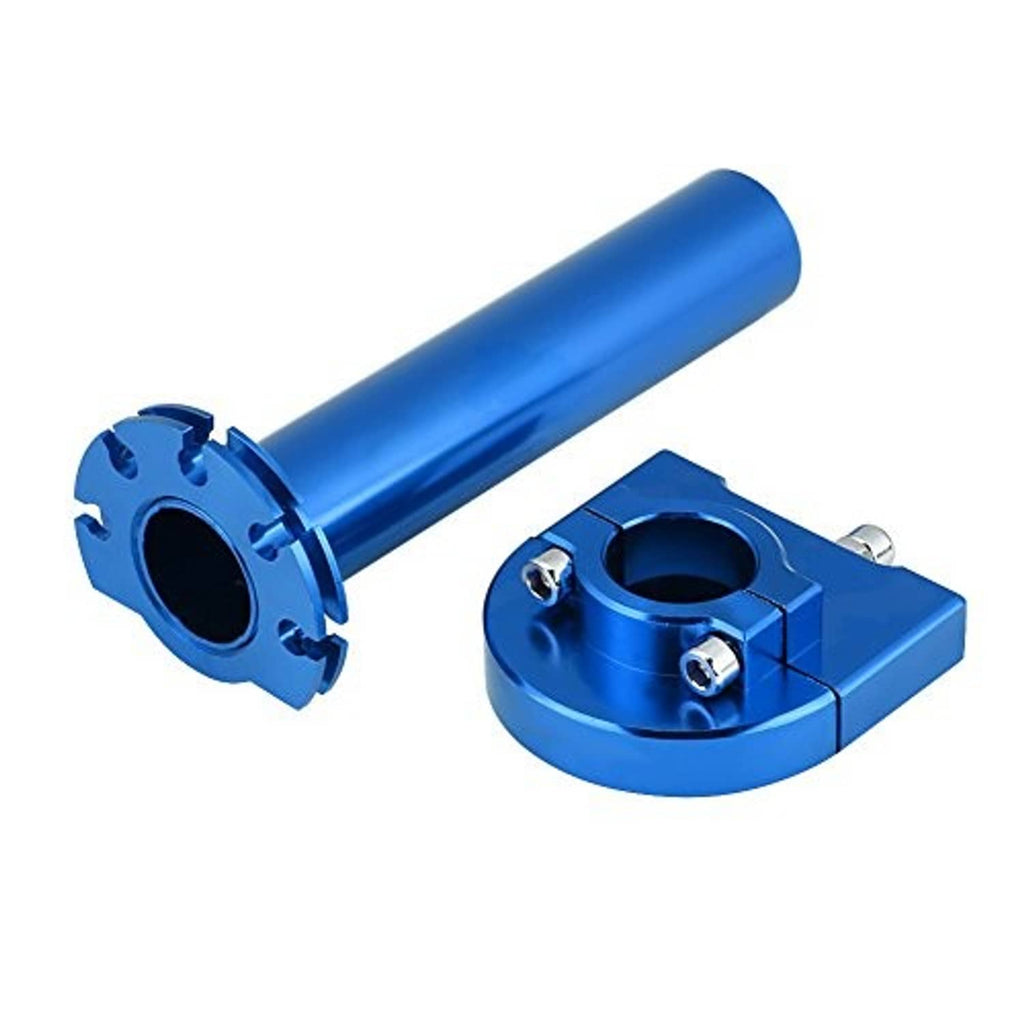 Blue motorcycle throttle tube with circular clamp opening and curved mounting piece