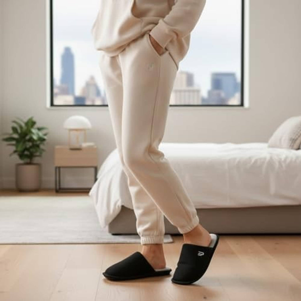 Black slip-on slippers with plush lining shown on walking feet