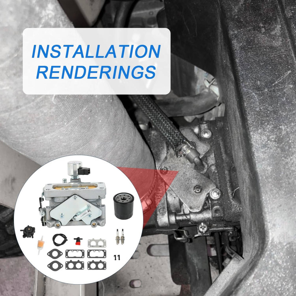 Carburetor and included parts for installation, shown with accessory diagram