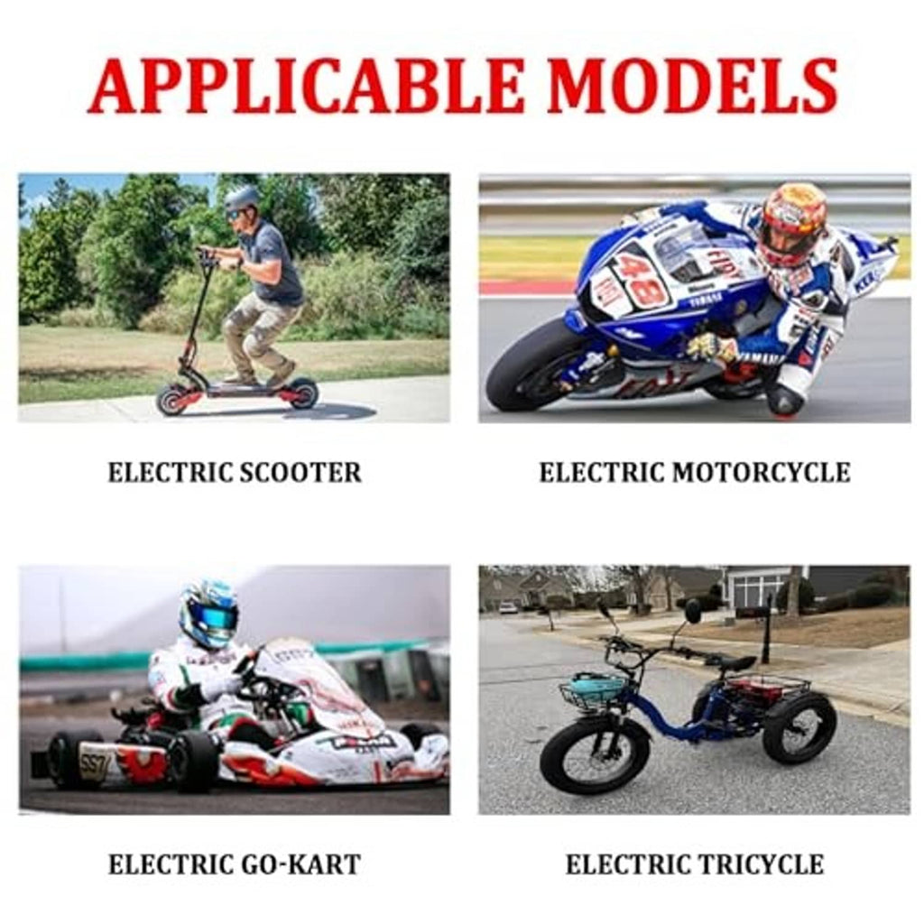 Compatibility chart showing electric scooter, motorcycle, go-kart, and electric tricycle