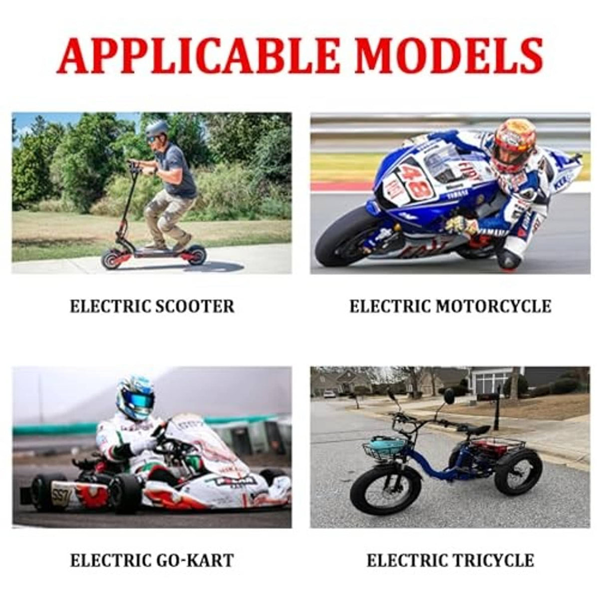 Compatibility chart showing electric scooter, motorcycle, go-kart, and electric tricycle