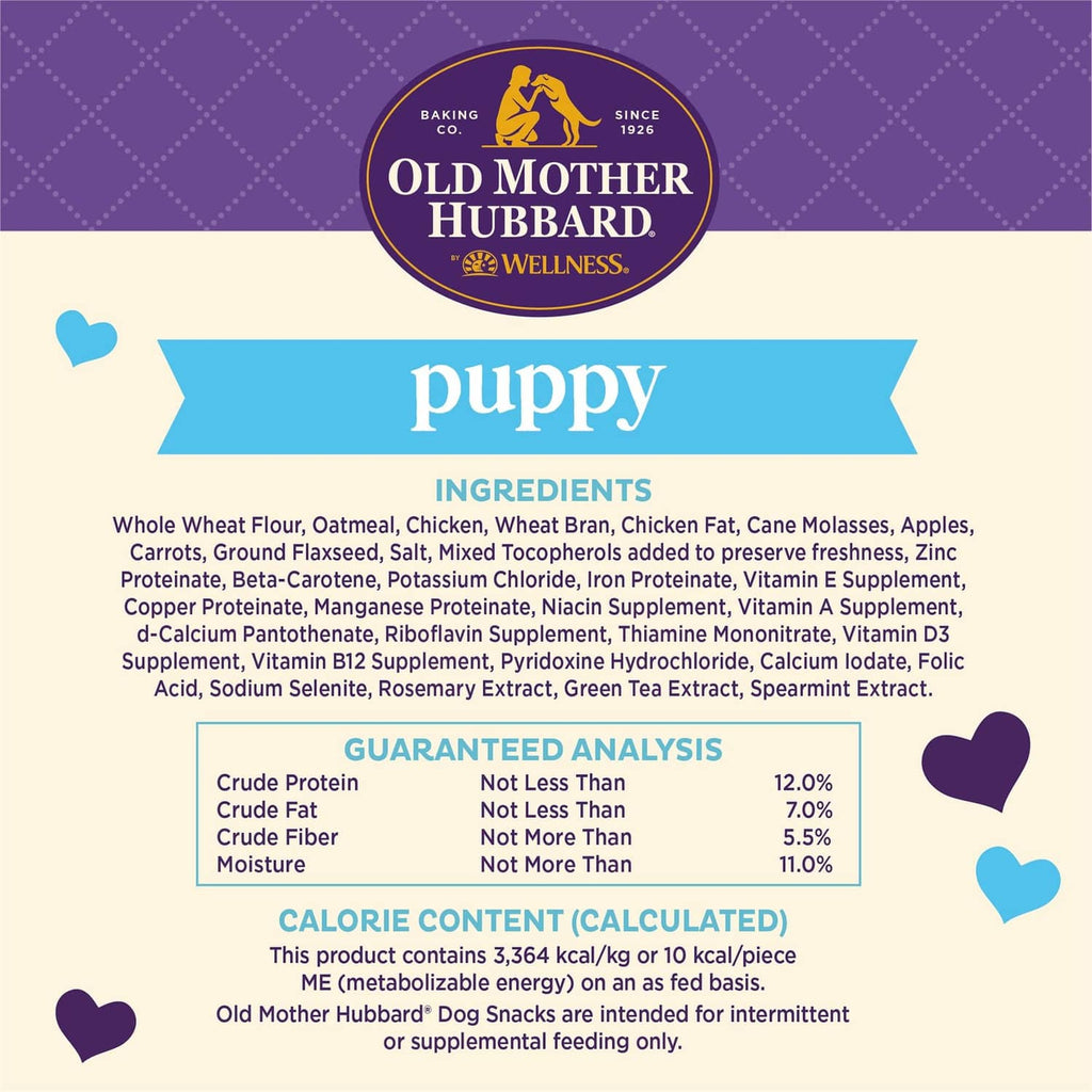 Puppy biscuit bag ingredients and nutrition details panel