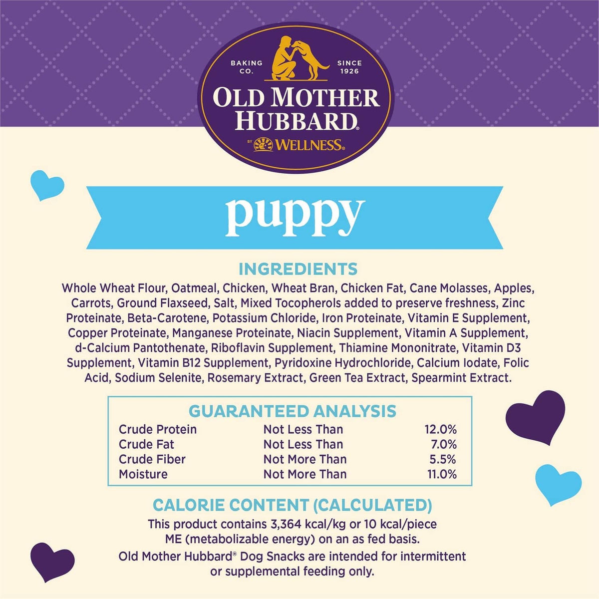 Puppy biscuit bag ingredients and nutrition details panel