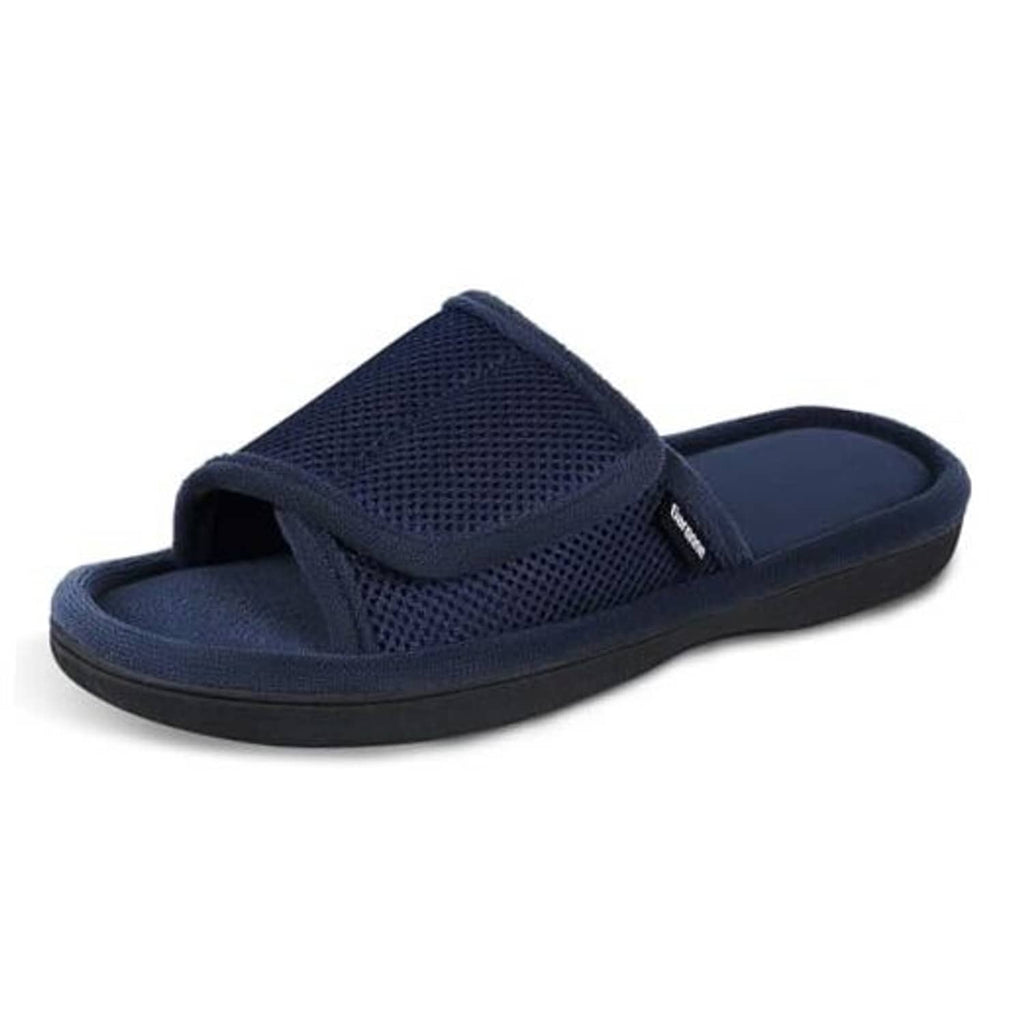 Navy open-toe wrap slippers with adjustable strap and cushioned sole
