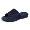 Navy open-toe wrap slippers with adjustable strap and cushioned sole