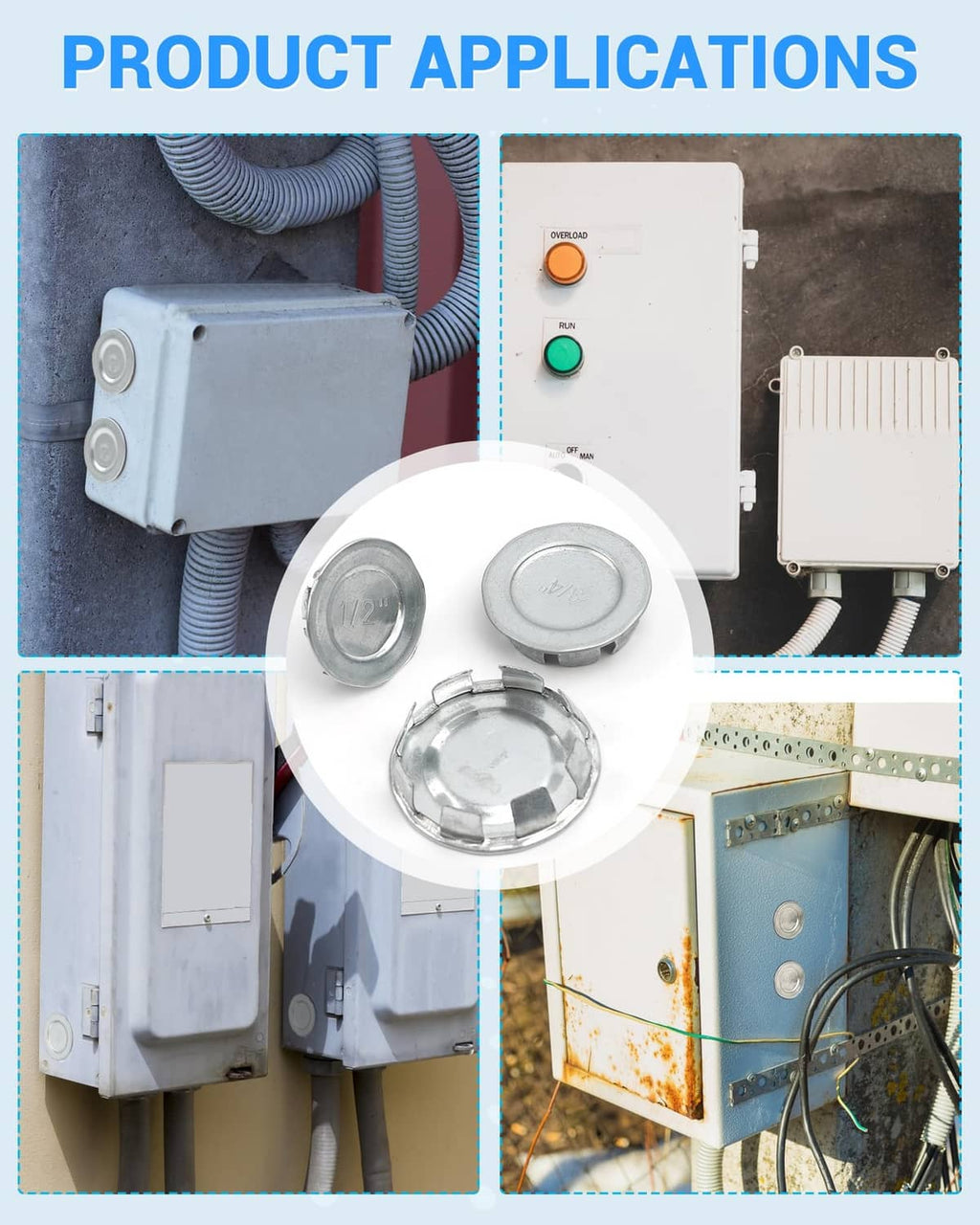 Silver electrical box knockout seal plugs placed on electrical junction boxes