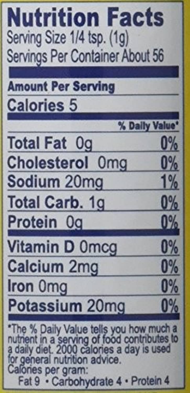 Nutrition facts panel showing serving size 1/4 tsp (1g) for chili powder seasoning