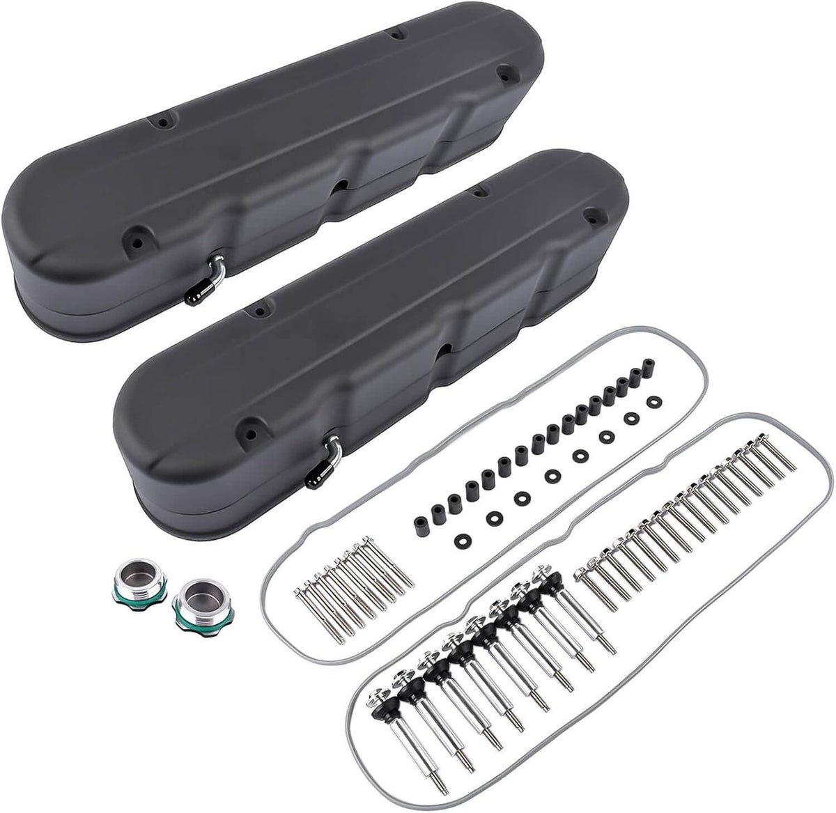 Pair of black valve cover housings with included hardware and gasket seals.