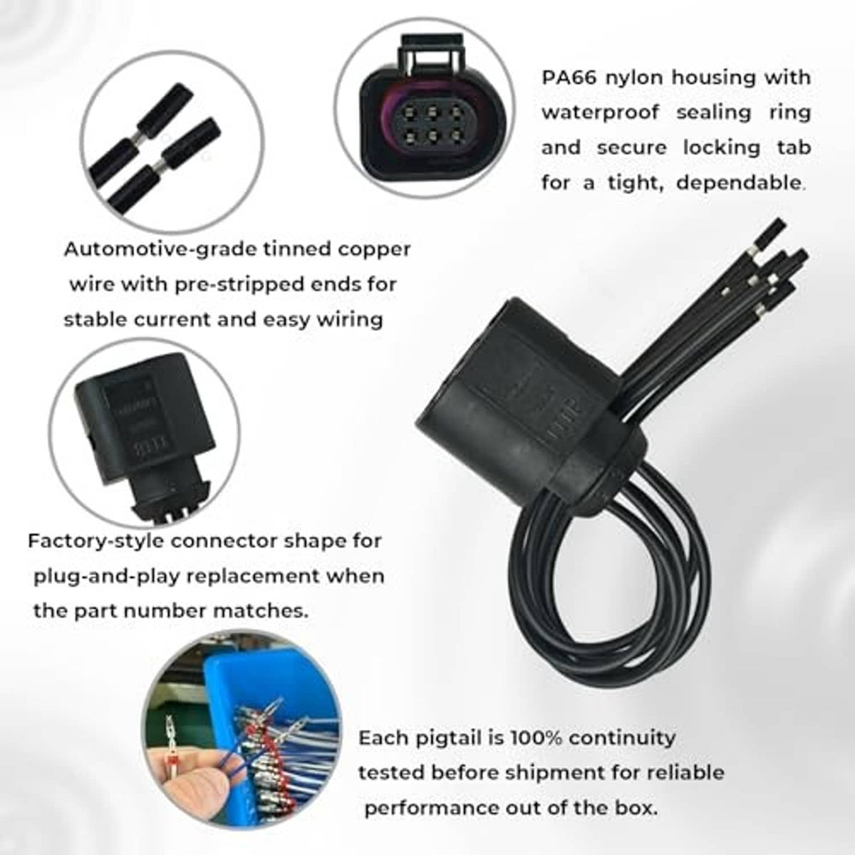 Black 6-pin connector pigtail with prewired leads and visible purple inner seal.