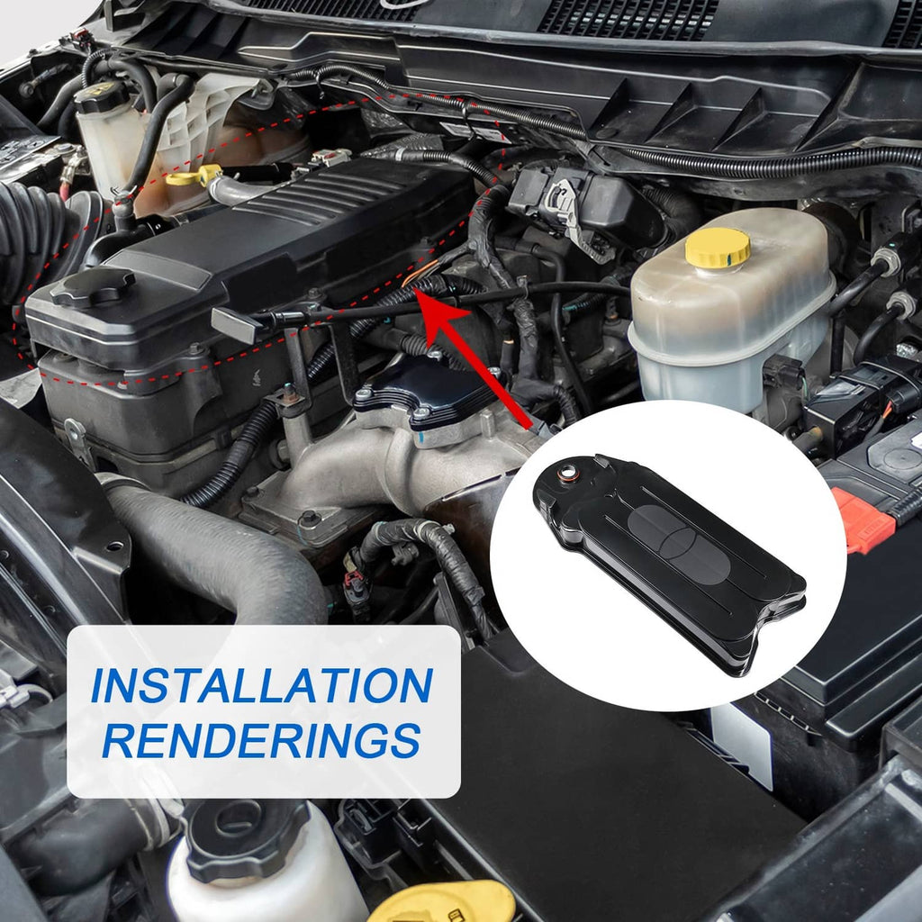 Crankcase ventilation filter shown on engine bay, highlighted for installation